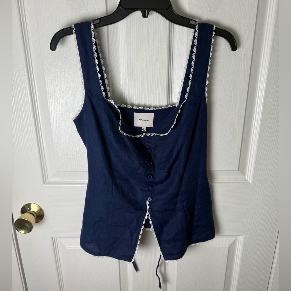 Reformation Viola Linen Top in Danube Blue 8 - Picture 2 of 7